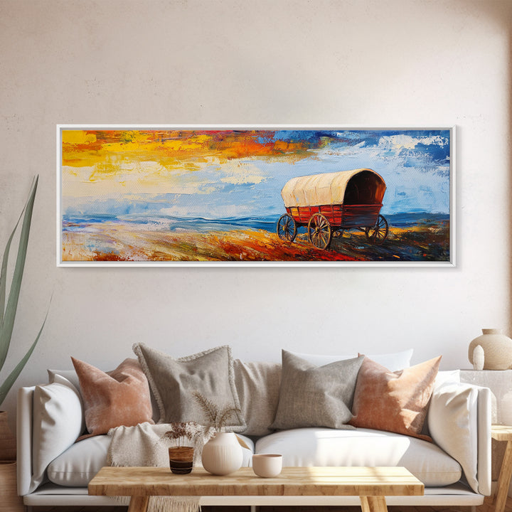 Country Wagon, coastal decor, rustic wall art, panoramic painting, barn landscape oil painting, boho art, Framed Canvas Print, gift idea