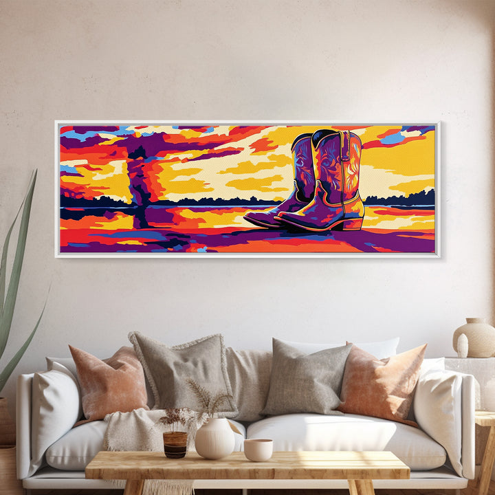Cowboy Boots Art, Pink Orange Wall Art, Coastal Cowgirl Wall Art, Framed Canvas Print, Western Decor, Extra Wide Art, Rustic Art