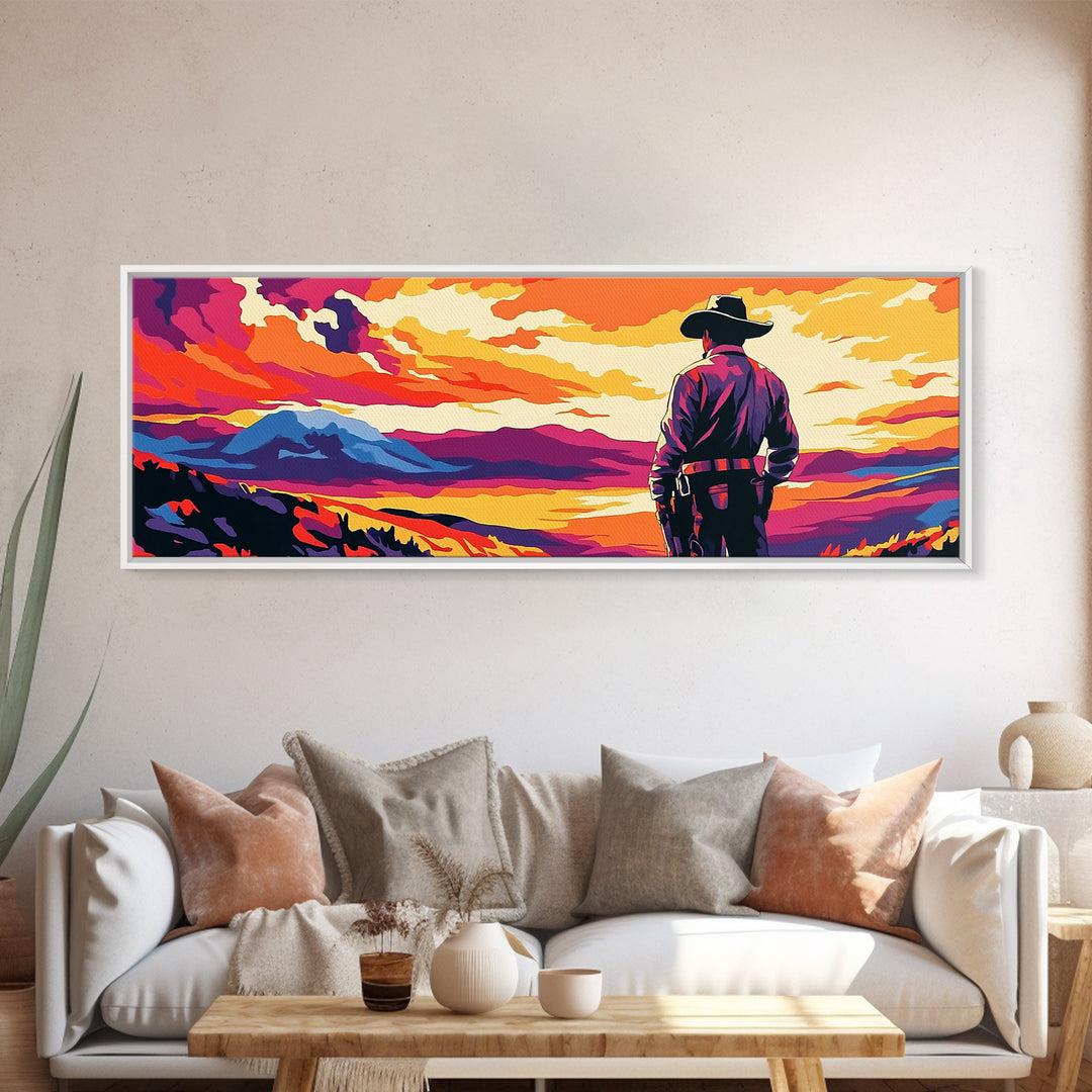 Cowboy Sunset, Pink Orange Wall Art, Coastal Cowgirl Wall Art, Canvas Print, Southwest Wall Art, Extra Wide Art, Western Decor