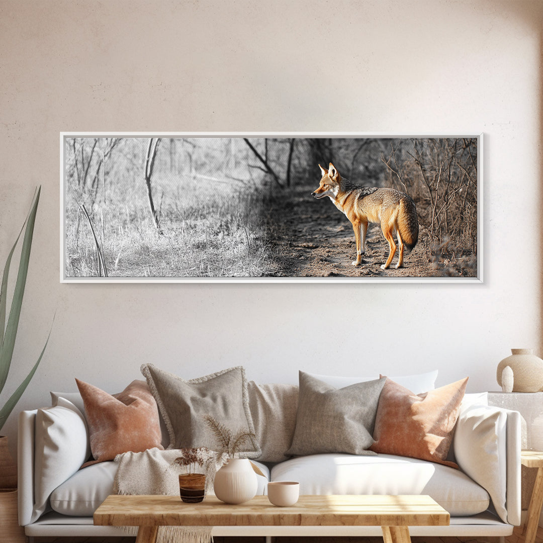 Coyote in Forest, Wildlife Wall Art, Rustic Decor, Nature Art, Moody Art, Extra Wide Art, Panoramic Art, Framed Canvas Print