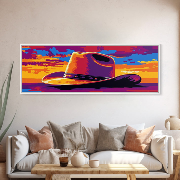 Cowboy Hat at Sunset, Pink Orange Wall Art, Blotter Art, Canvas Print, Southwest Wall Art, Extra Wide Art, Coastal Cowgirl Wall Art
