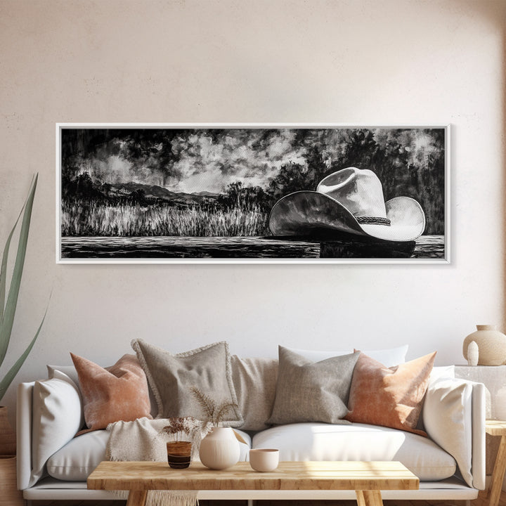 Black and White Art, cowboy hat painting, rustic decor, farmhouse art, extra wide art, panoramic art, framed canvas print, landscape painting