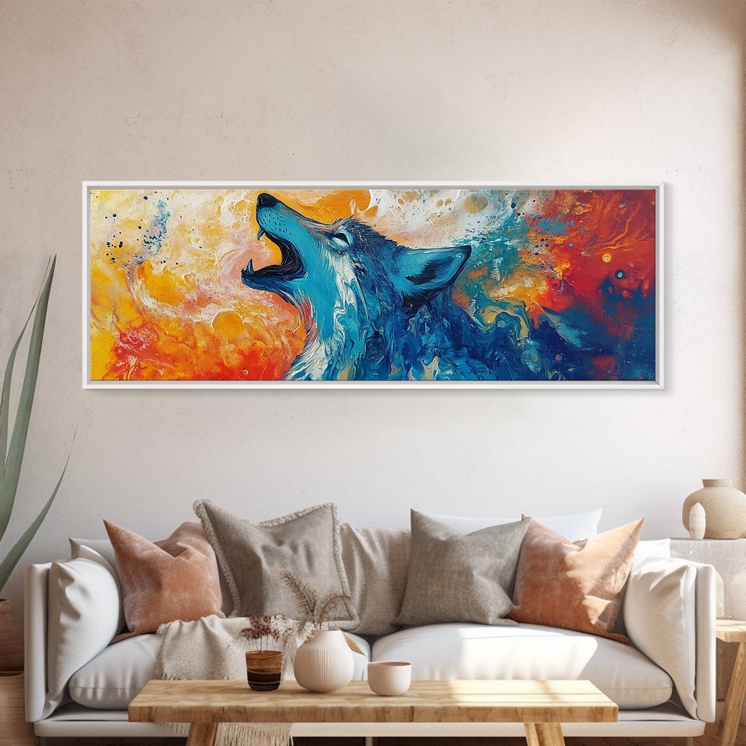 Abstract Wolf Art, moody art, blue and green wall art, extra wide art, framed canvas print, panoramic painting, rustic decor, southwest wall art