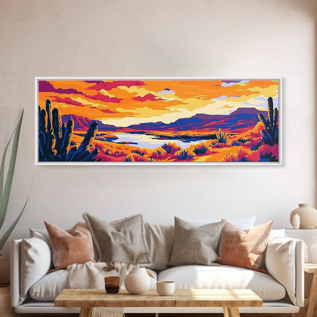 Desert Landscape Art, Joshua tree art, southwest wall art, extra wide art, panoramic painting, framed canvas print, rustic wall art, sunset painting