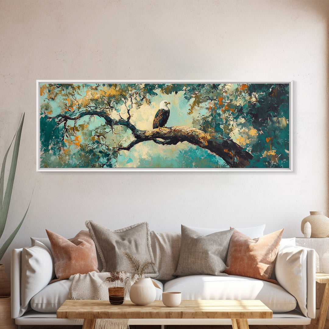 Eagle Painting, Framed Canvas Print, Bird Art, Forest At Dusk Painting, Moody Art, Extra Wide Art, Rustic Wall Art, Above Bed Art