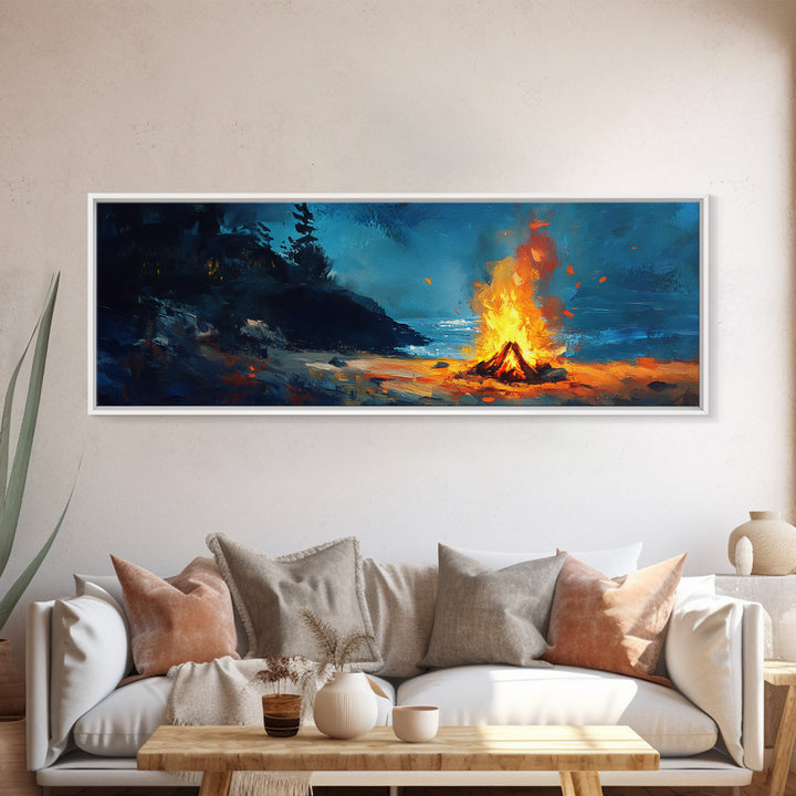 Coastal Cowgirl Wall Art, Framed Canvas Print, Campfire Painting, Rustic Decor, Moody Art, Extra Wide Art, Living Room Art, Above Couch Art