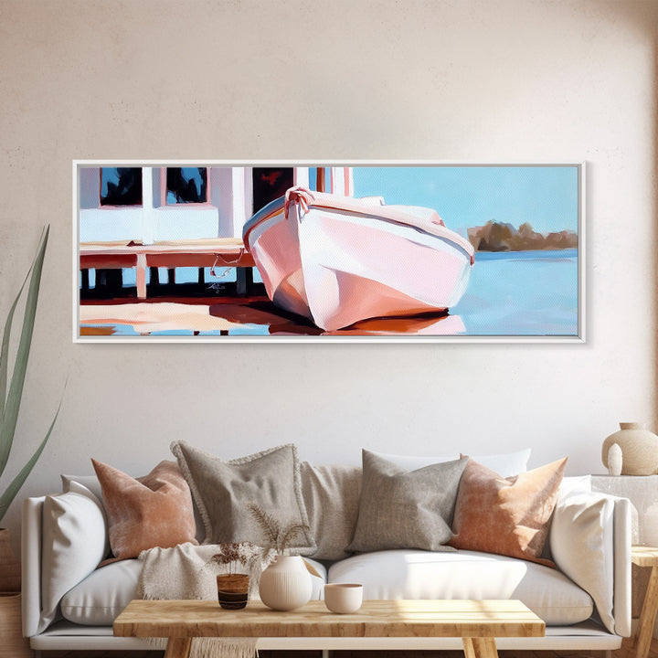 Nautical Wall Art, Framed Canvas Print, Coastal Decor, Boat Painting, Seascape Art, Extra Wide Art, Rustic Wall Art, Living Room Art, Gift Idea