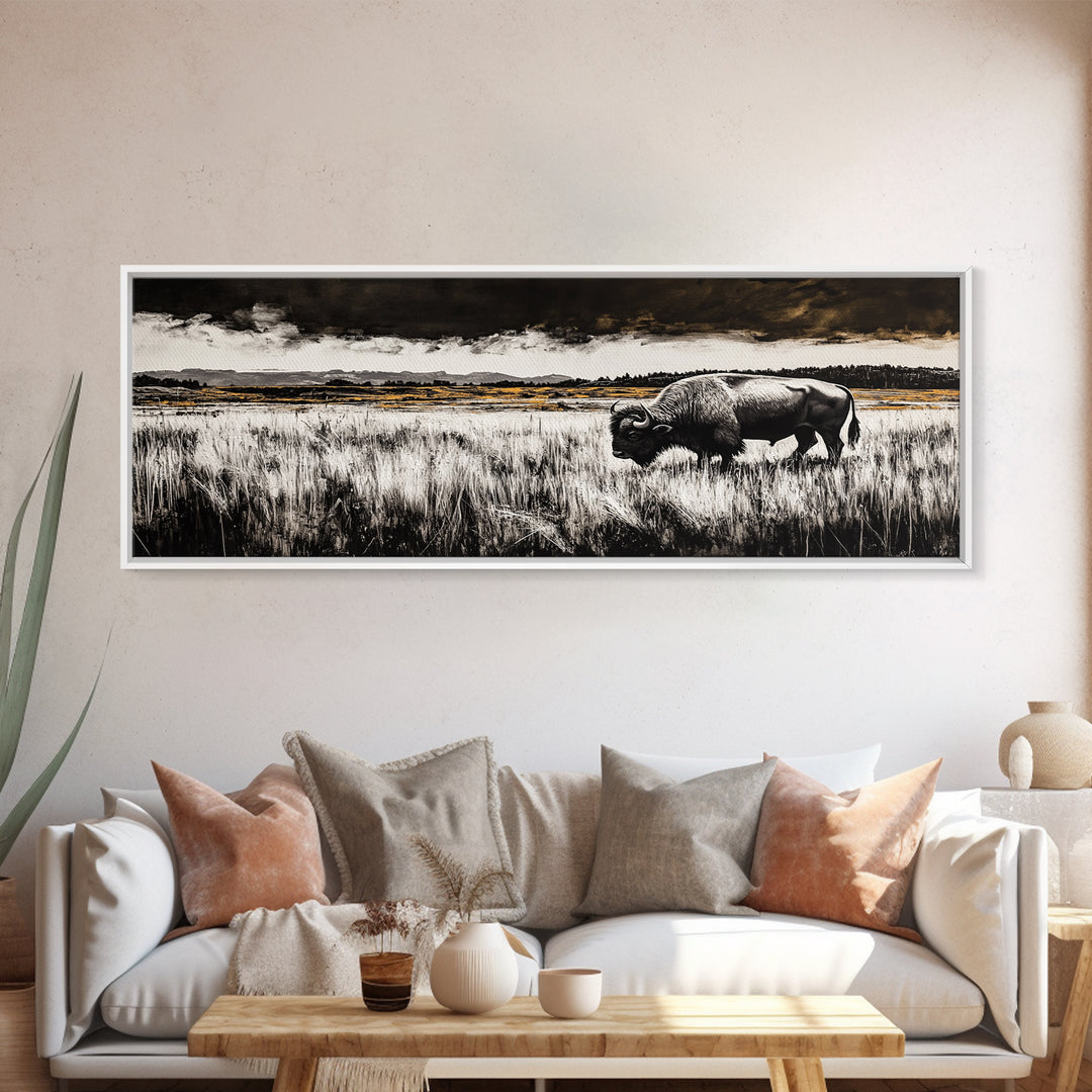 Bison painting, rustic art, black and white wall art, moody art, western decor, panoramic painting, extra wide art, framed canvas print