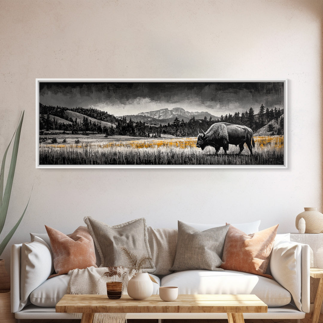 Bison art, mountain painting, black and white western art, farmhouse art, smoky mountain art, extra wide art, framed canvas print