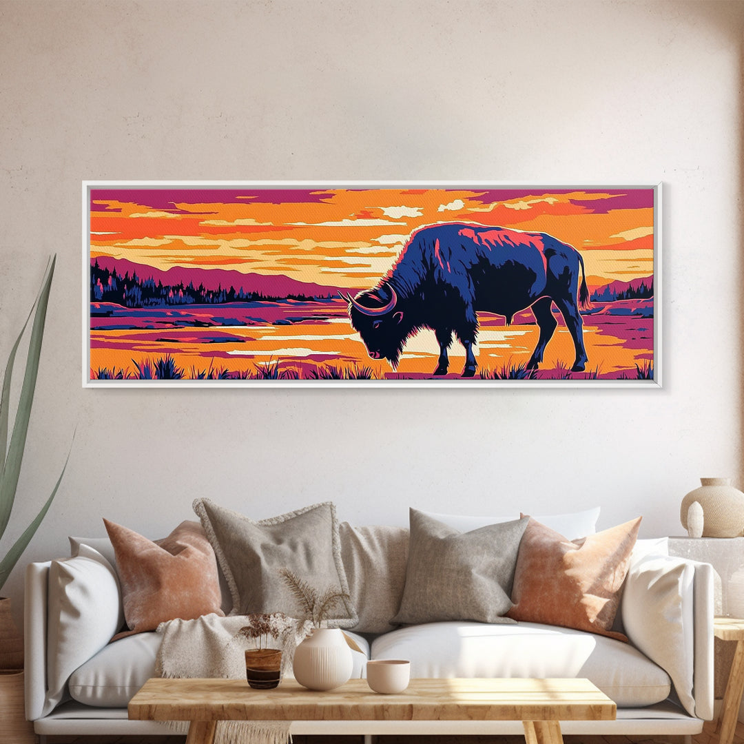 Buffalo painting, southwest wall art, rustic decor, pink orange wall art, cowboy art, above couch art, extra wide art, canvas print