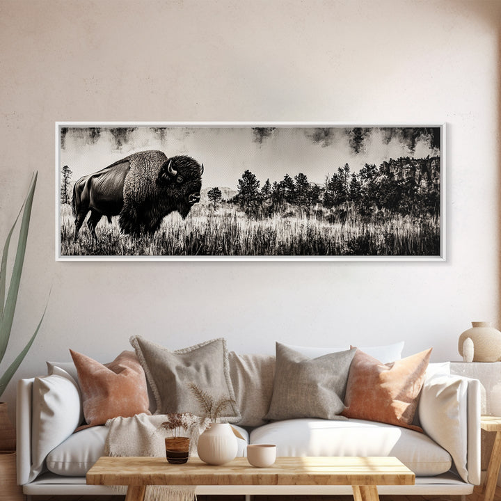 Bison landscape, black and white western painting, rustic decor, extra wide art, smoky mountain art, panoramic painting, framed canvas print