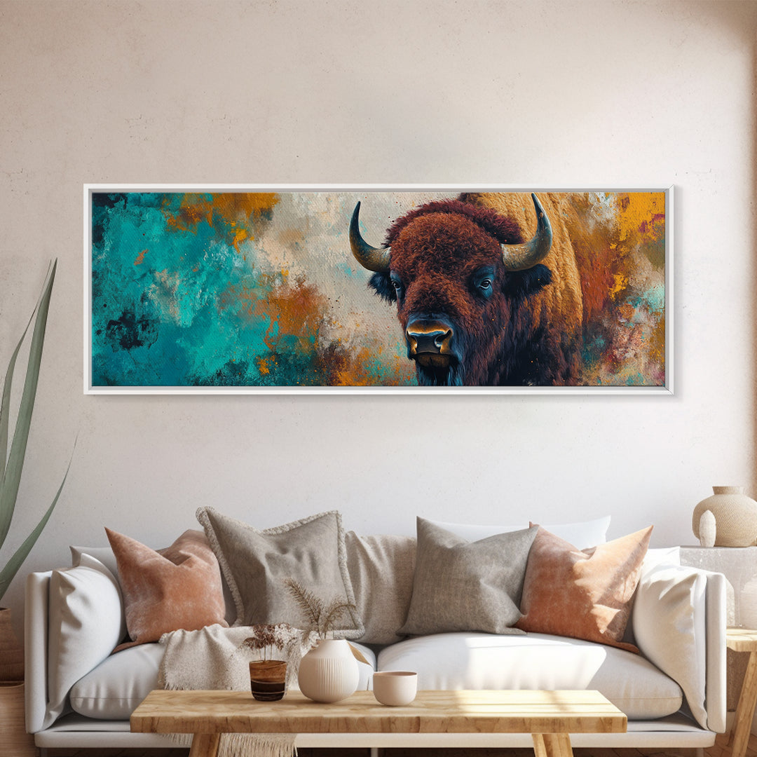 Bold bison painting, teal and orange art, rustic wall art, farmhouse decor, boho art, extra wide western painting, canvas print
