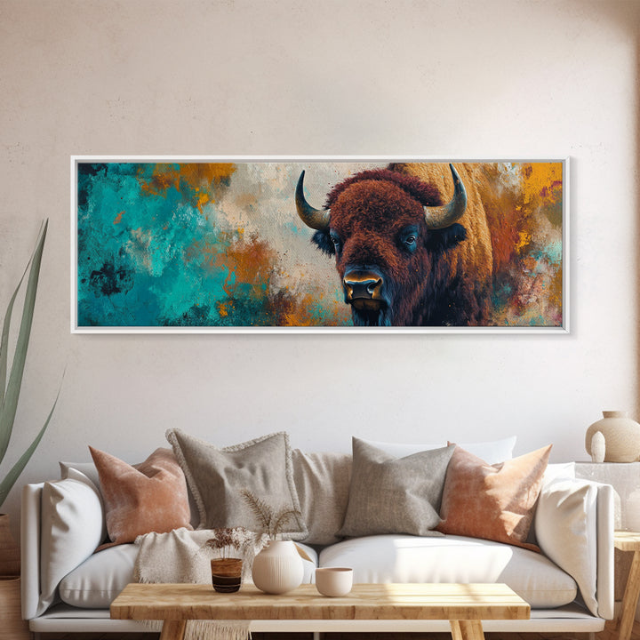 Bold bison painting, teal and orange art, rustic wall art, farmhouse decor, boho art, extra wide western painting, canvas print