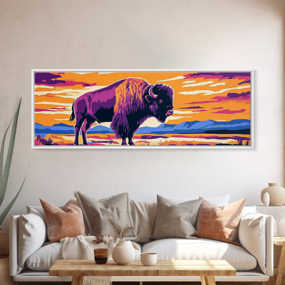 Bison, sunset, southwest wall art, buffalo, pink orange wall art, panoramic art, framed canvas print, extra wide art, rustic decor
