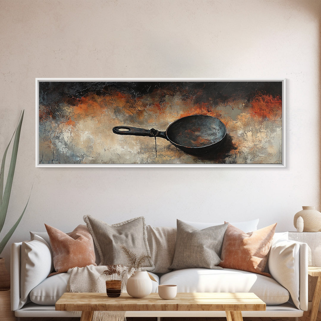 Cast Iron Skillet, rustic art, food review kitchen art, moody art, farmhouse art, extra wide art, framed canvas print, wall decor