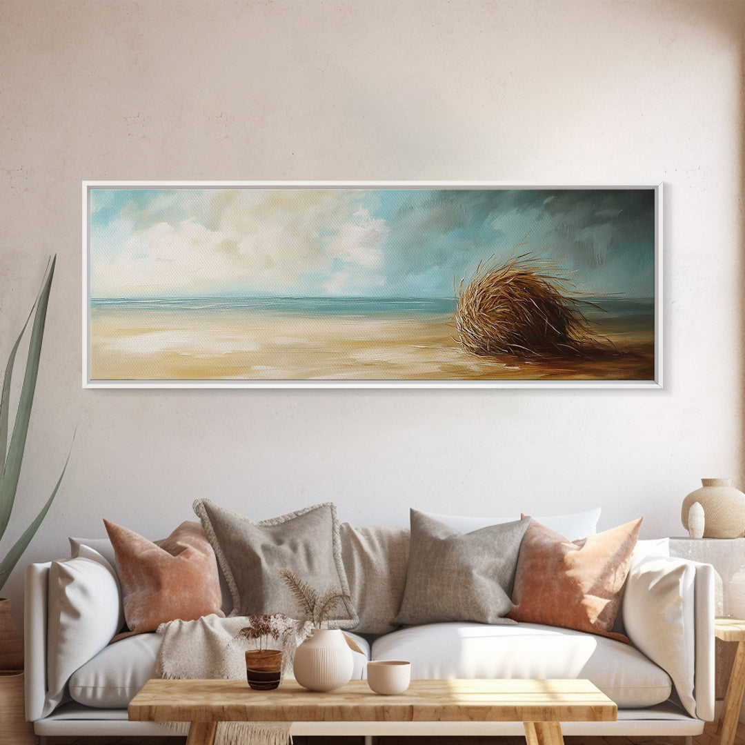 Beach Tumbleweed Art, Coastal Landscape, Seascape Painting, Nautical Wall Art, Wabi Sabi Art, Framed Canvas Print, Rustic Decor