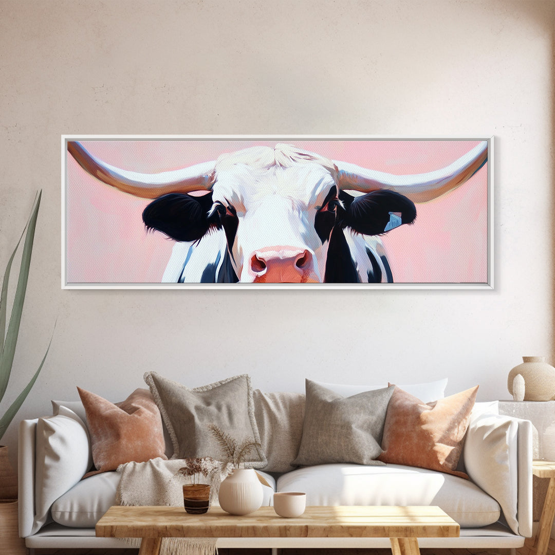 Black and White Cow Art, Light Pink Wall Art, Southwest Wall Art, Coastal Cowgirl Wall Art, Framed Canvas Print, Rustic Decor