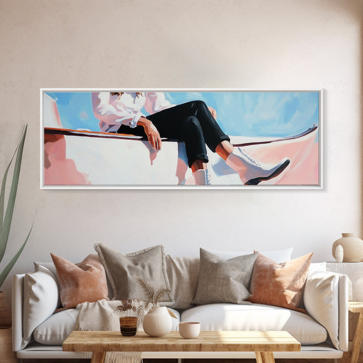 Coastal cowgirl, beach aesthetic, nautical decor, minimalist art, pastel painting, extra wide art, framed canvas print, surf wall art