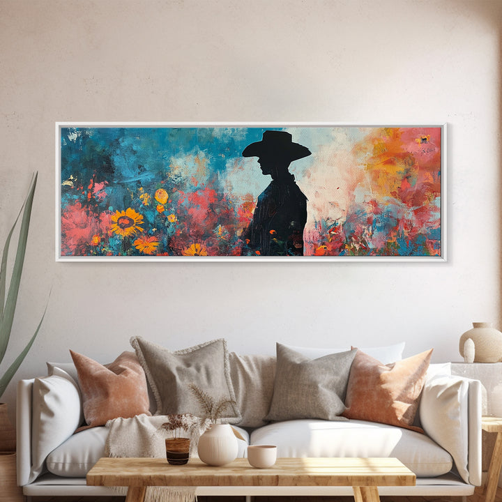 Black cowgirl painting, western decor, wildflower painting, boho art, extra wide art, framed canvas print, rustic decor, poppy wall art