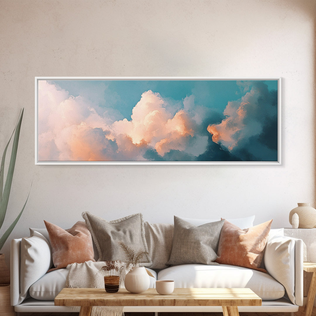 Cloud painting, sky wall art, soft pastel art, extra wide art, bedroom art, panoramic painting, framed canvas print, wabi sabi art