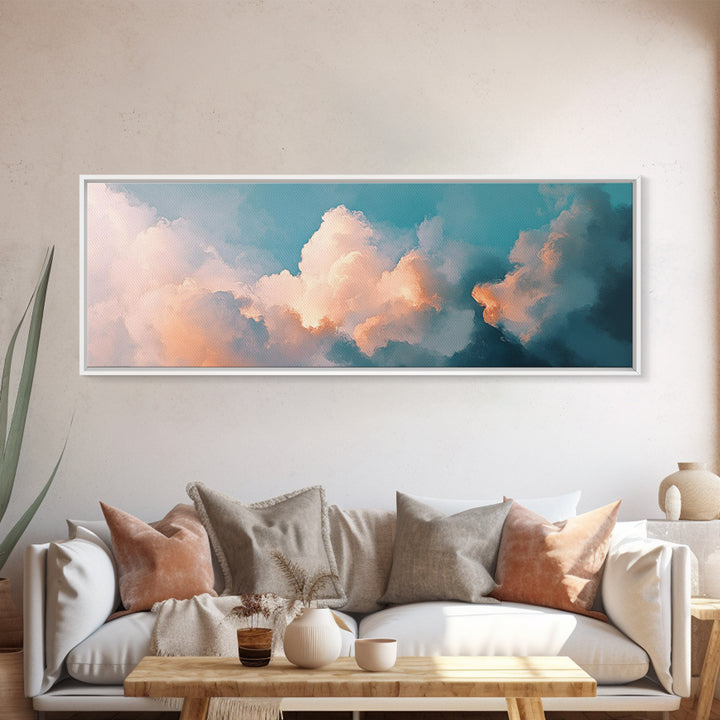 Cloud painting, sky wall art, soft pastel art, extra wide art, bedroom art, panoramic painting, framed canvas print, wabi sabi art