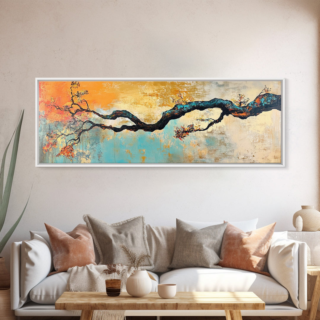 Birch tree painting, autumn decor, extra wide art, botanical prints, nature wall art, framed canvas print, long narrow wall art, wabi sabi art