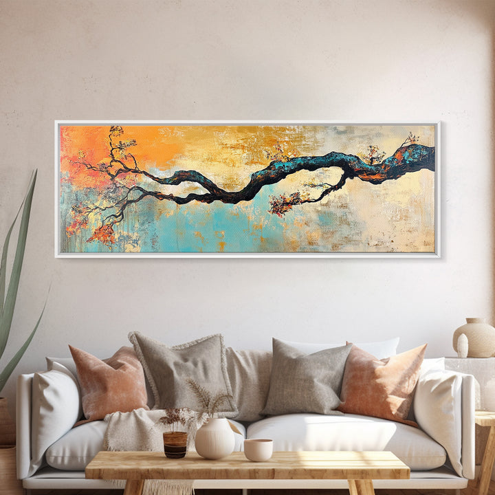 Birch tree painting, autumn decor, extra wide art, botanical prints, nature wall art, framed canvas print, long narrow wall art, wabi sabi art