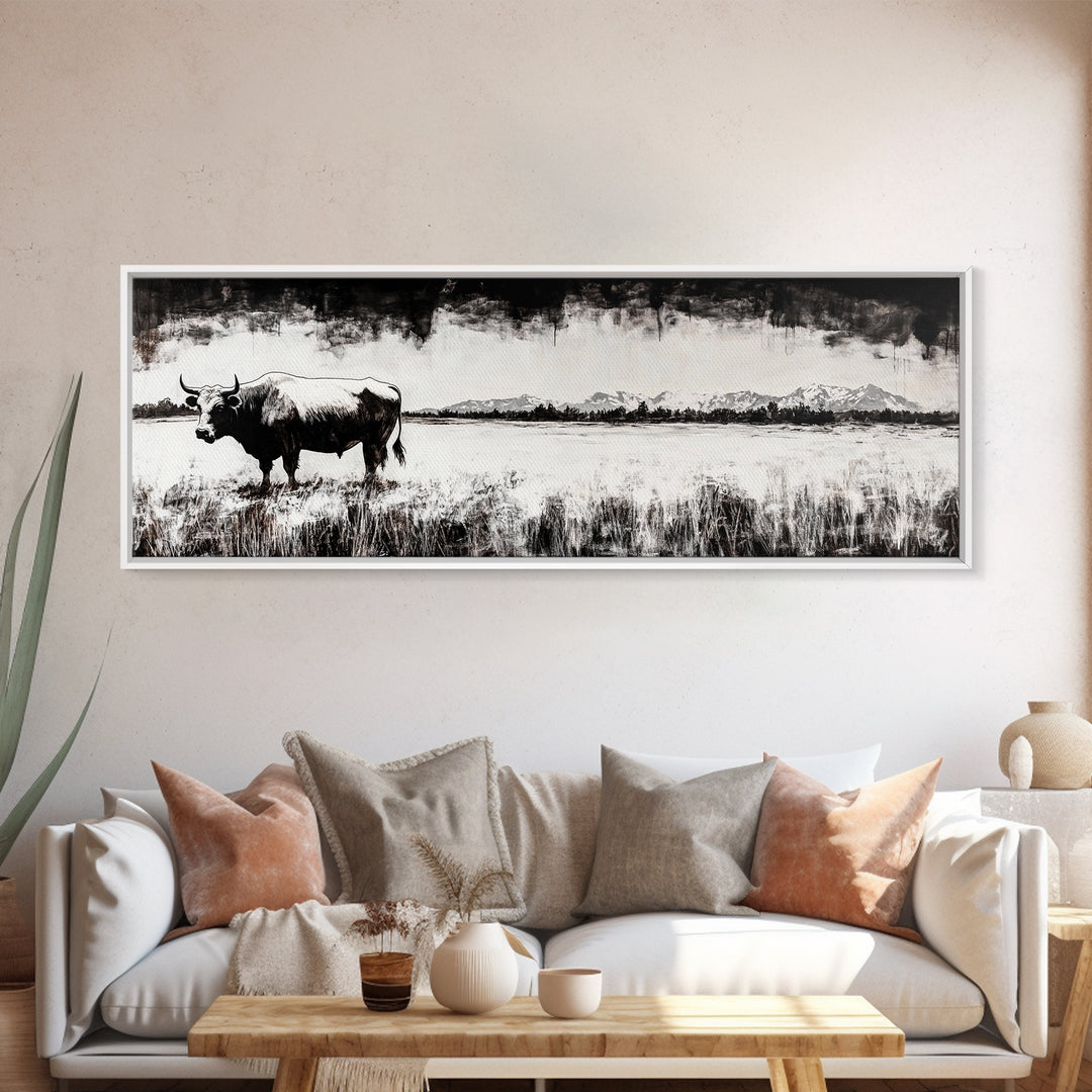 Bull and bear art, black and white painting, rustic wall art, farmhouse decor, extra wide art, framed canvas print, moody art, landscape painting