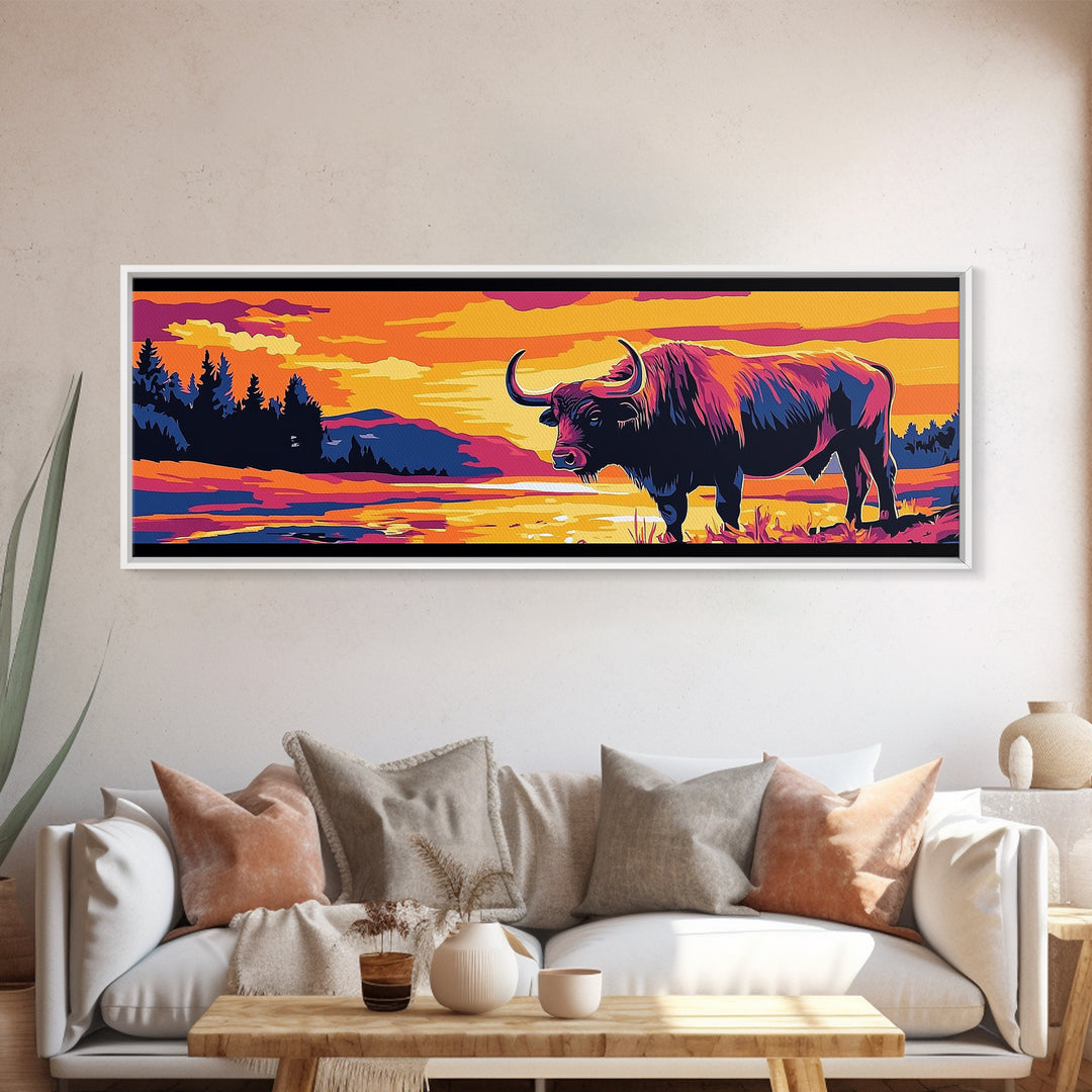 Buffalo painting, colorful animal art, rustic decor, extra wide art, framed canvas print, southwest wall art, landscape painting, wild west art