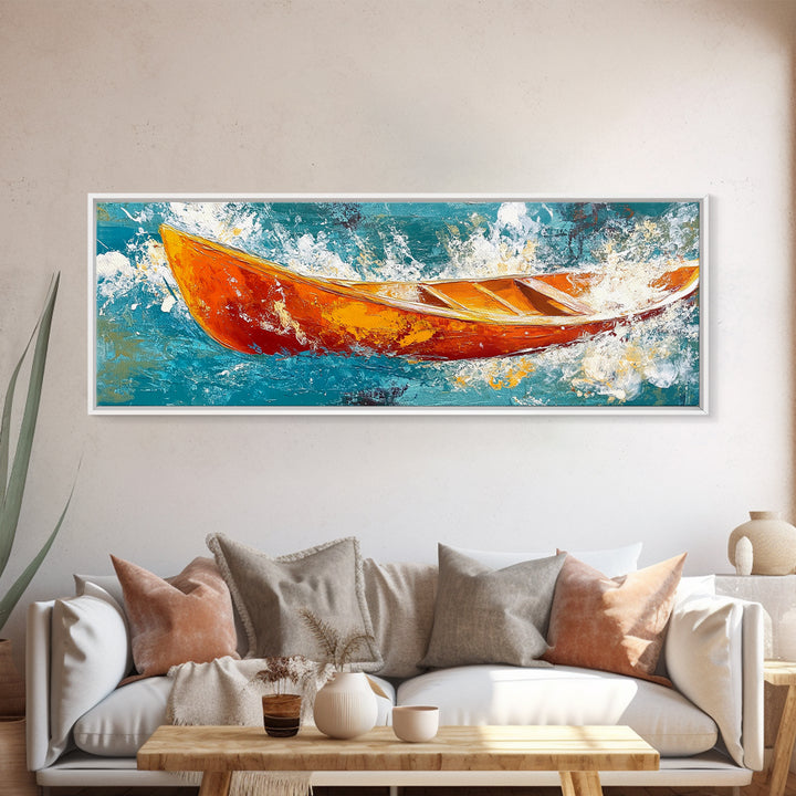 Boat in Waves, coastal wall art, nautical painting, extra wide horizontal art, ocean decor, farmhouse art, framed canvas print