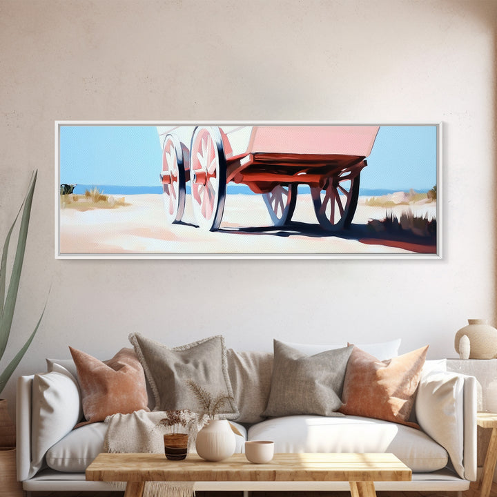 Desert Wagon, rustic western art, cowboy decor, boho wagon painting, farmhouse wall art, extra wide panoramic art, framed canvas print