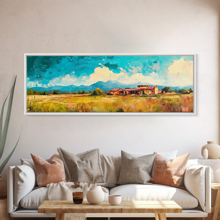 Desert Homestead, western wall art, rustic art, farmhouse painting, southwest landscape painting, extra wide art, framed canvas print