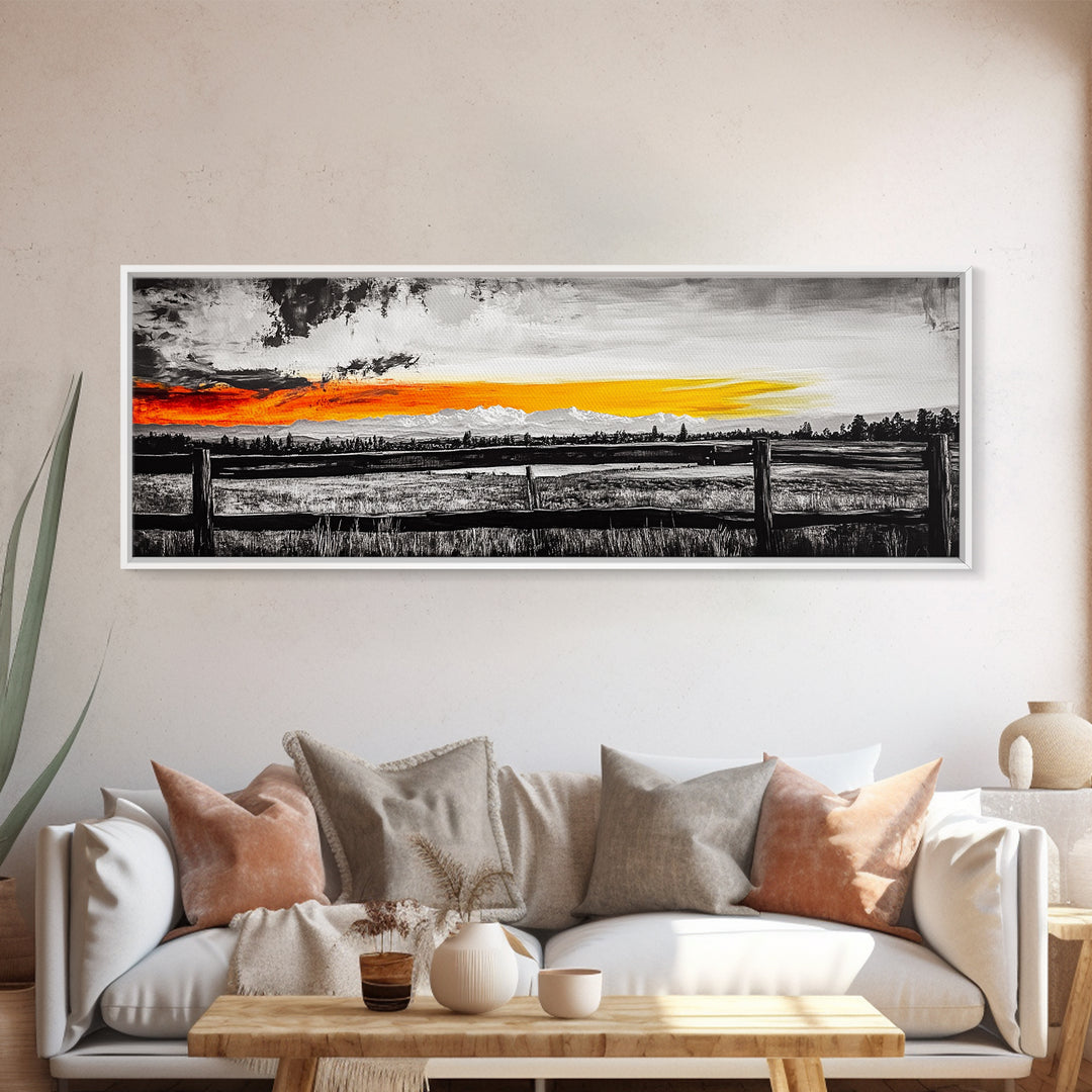 Fence at Sunset, moody landscape art, Joshua tree art, smoky mountain painting, dark romance art, extra wide art, framed canvas print