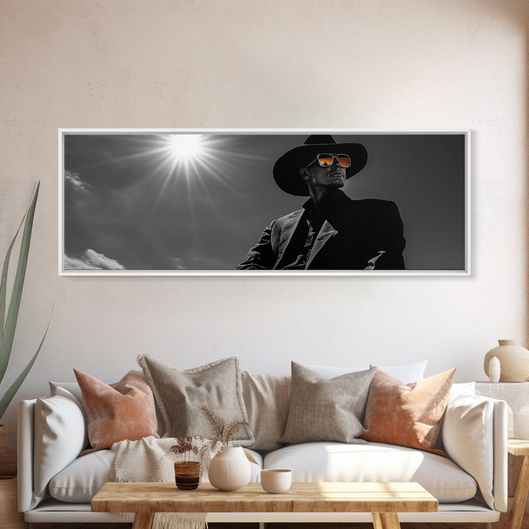 Cowboy, moody art, dark angels wall art, southwest wall art, rustic wall art, western aesthetic, framed canvas print, extra wide art