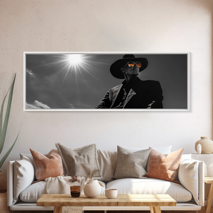 Cowboy, moody art, dark angels wall art, southwest wall art, rustic wall art, western aesthetic, framed canvas print, extra wide art