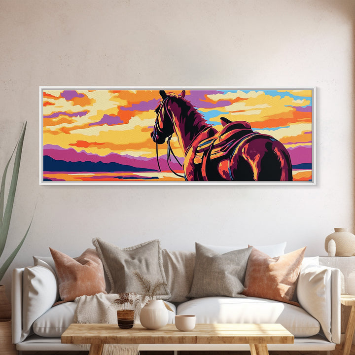Sunset Horse Painting, southwest wall art, mountain painting, rustic western decor, cowboy wall art, framed canvas print, extra wide art
