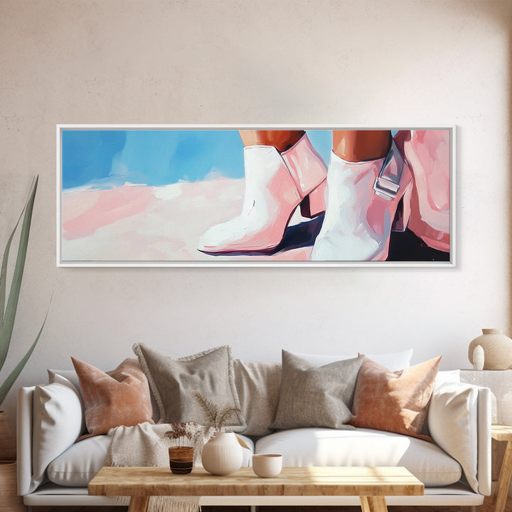 Cowgirl Boots, western art, black cowgirl painting, pink wall art, rustic decor, minimalist art, light pink wall art, canvas print