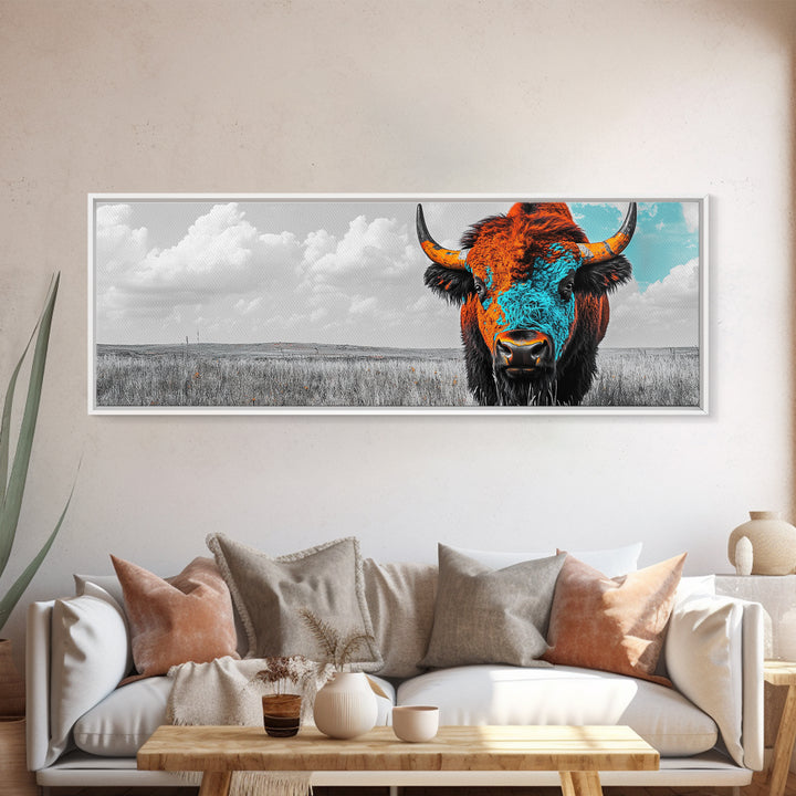 Bison Portrait, Southwest Wall Art, Buffalo Art, Native American Art, Moody Art, Panoramic Art, Rustic Decor, Framed Canvas Print