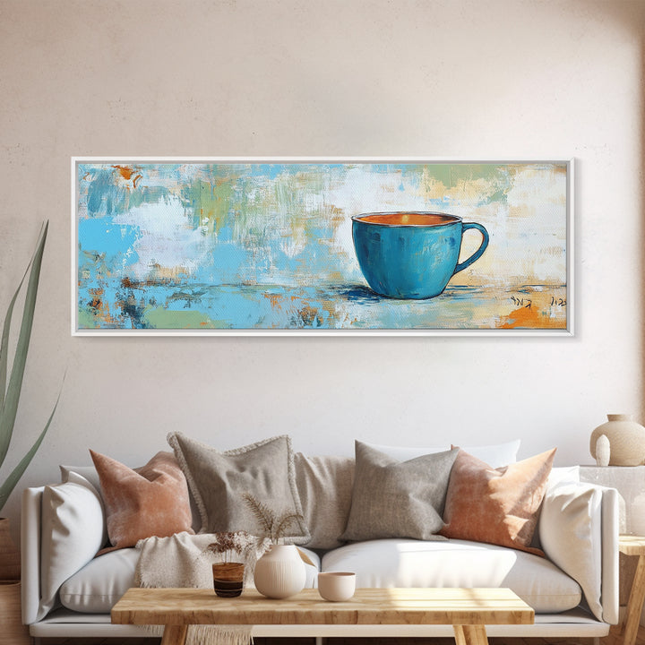 Blue Cup, coffee wall art, kitchen decor, rustic wall art, teal wall art, farmhouse art, Canvas Print, gift idea for her