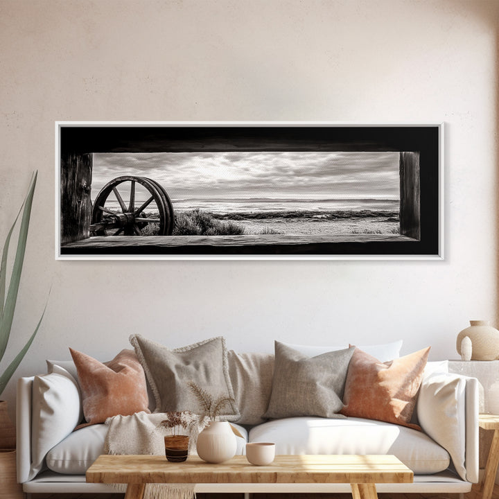Black White Wagon, rustic decor, panoramic art, moody art, extra wide art, barn landscape oil painting, framed canvas print, living room art