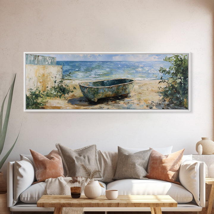 Beach Tub, rustic decor, coastal wall art, wabi sabi art, framed canvas print, farmhouse art, seascape painting, nautical decor