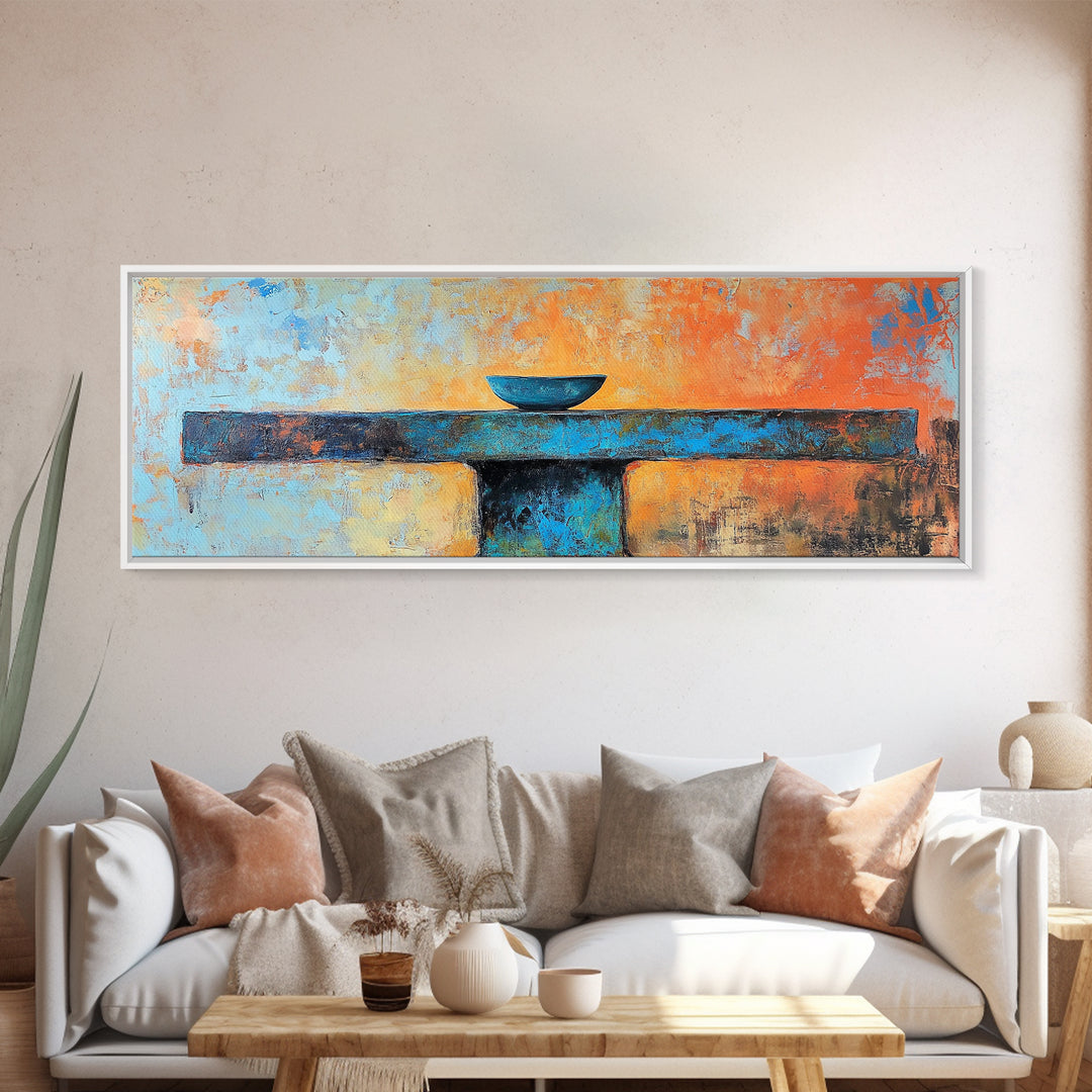 Blue Bowl, minimalist art, wabi sabi art, extra wide art, framed canvas print, sage green wall art, horizontal wall art, therapy art