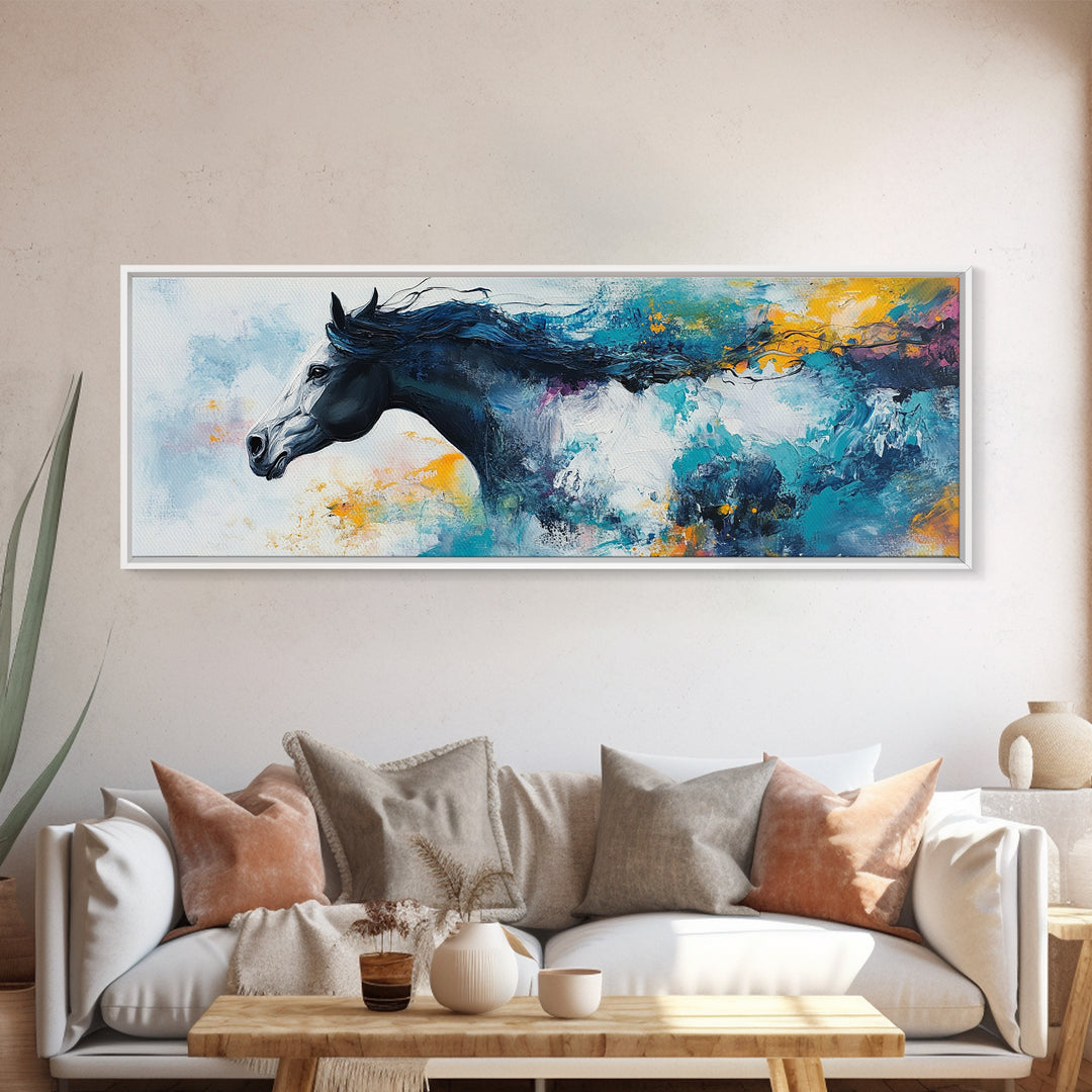 Horse Wall Art, Framed Canvas Print, Extra Wide Art, Blue and Green Wall Art, Moody Art, Rustic Decor, Panoramic Art, Farmhouse Art, Gift Idea for Him