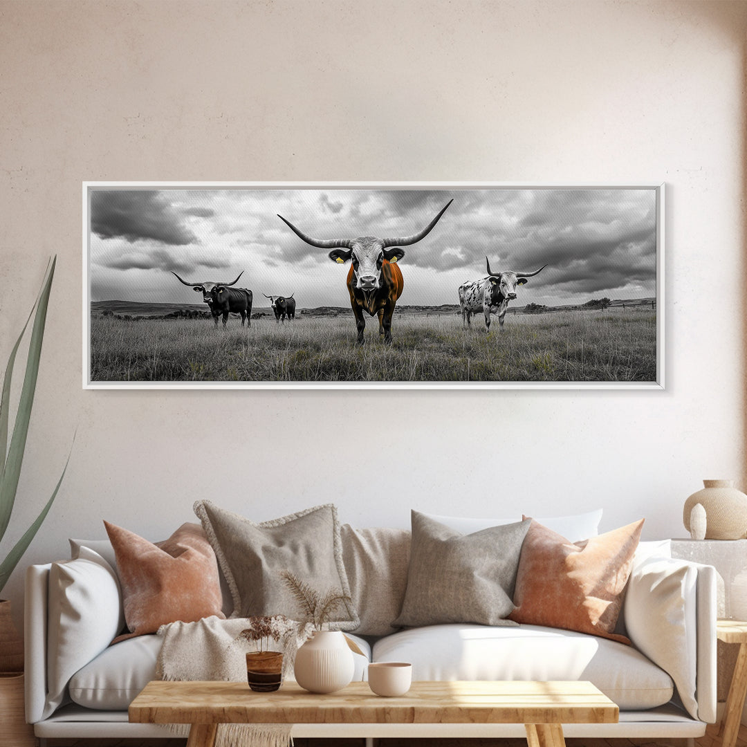 Texas Longhorns, Bull and Bear Art, Rustic Wall Art, Moody Art, Extra Wide Art, Framed Canvas Print, Horizontal Wall Art, Gift Idea