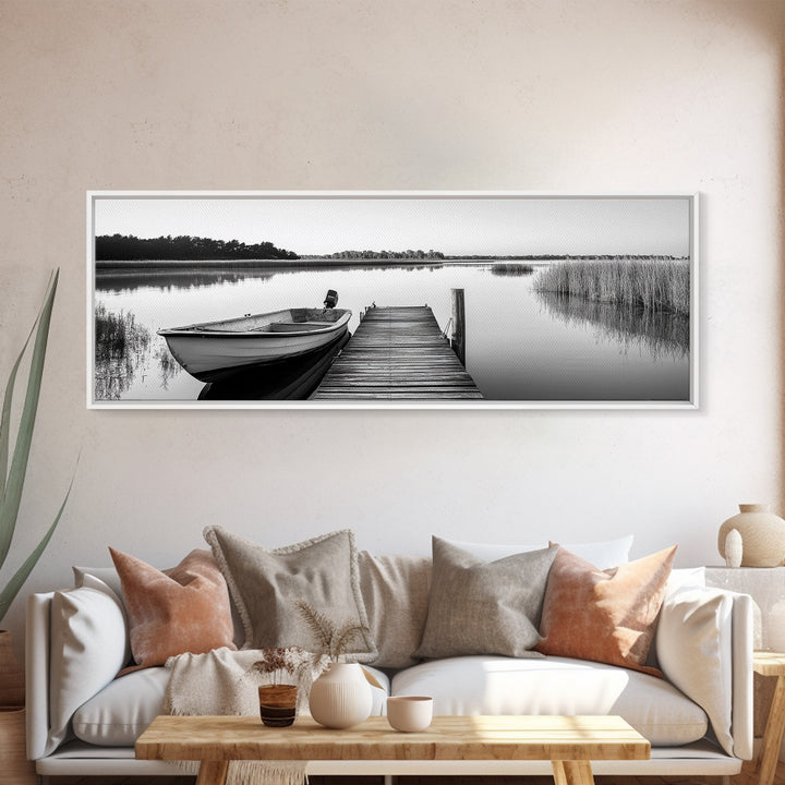 Boat On Dock, Nautical Wall Art, Framed Canvas Print, Coastal Landscape Art, Rustic Decor, Extra Wide Art, Minimalist Art, Bedroom Art