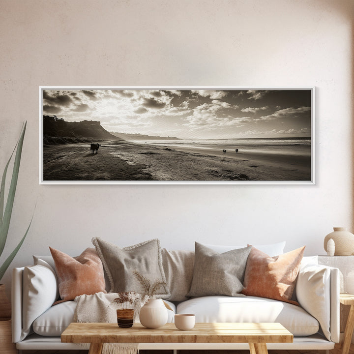 Cattle On Beach, Wabi Sabi Art, Framed Canvas Print, Coastal Landscape Art, Rustic Decor, Extra Wide Art, Moody Art, Minimalist Art