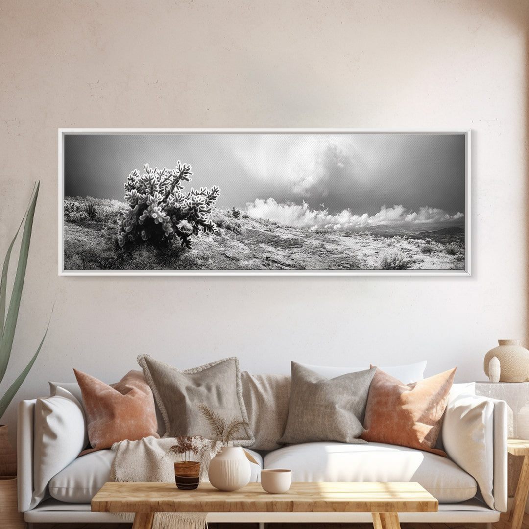 Desert Cactus, Southwest Wall Art, Canvas Print, Joshua Tree Art, Rustic Decor, Extra Wide Art, Moody Black And White Art, Above Sofa Art