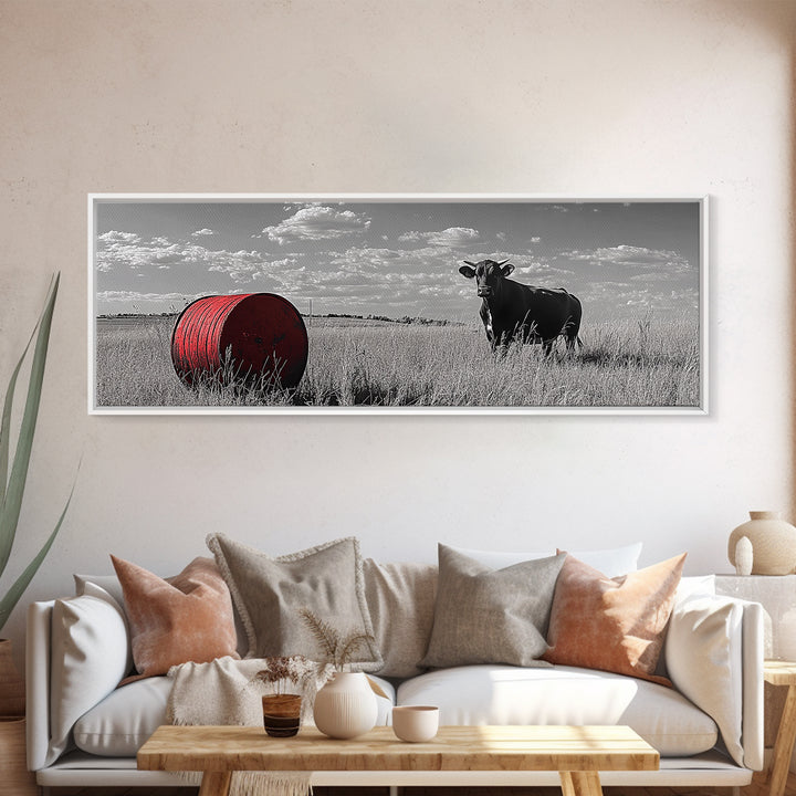 Black Cow, Farmhouse Art, Rustic Decor, Western Wall Art, Long Narrow Wall Art, Moody Art, Extra Wide Art, Framed Canvas Print