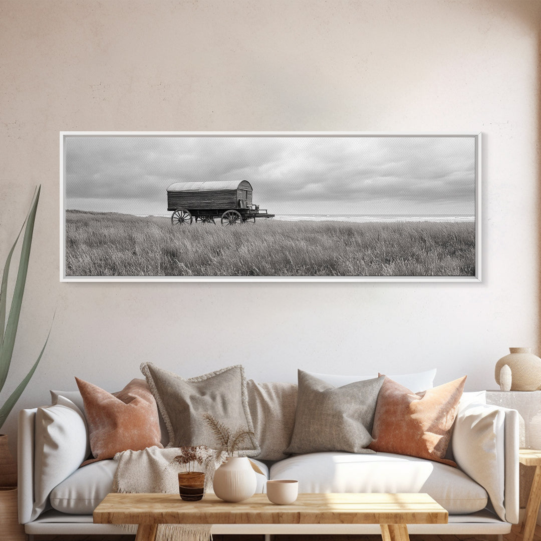Coastal Wagon, Wabi Sabi Art, Canvas Print, Coastal Landscape Art, Rustic Wall Art, Extra Wide Art, Moody Art, Above Couch Art