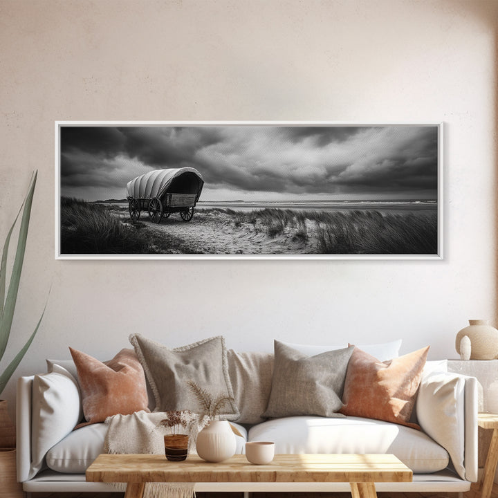 Covered Wagon, coastal cowgirl wall art, rustic decor, farmhouse art, long narrow wall art, framed canvas print, extra wide art